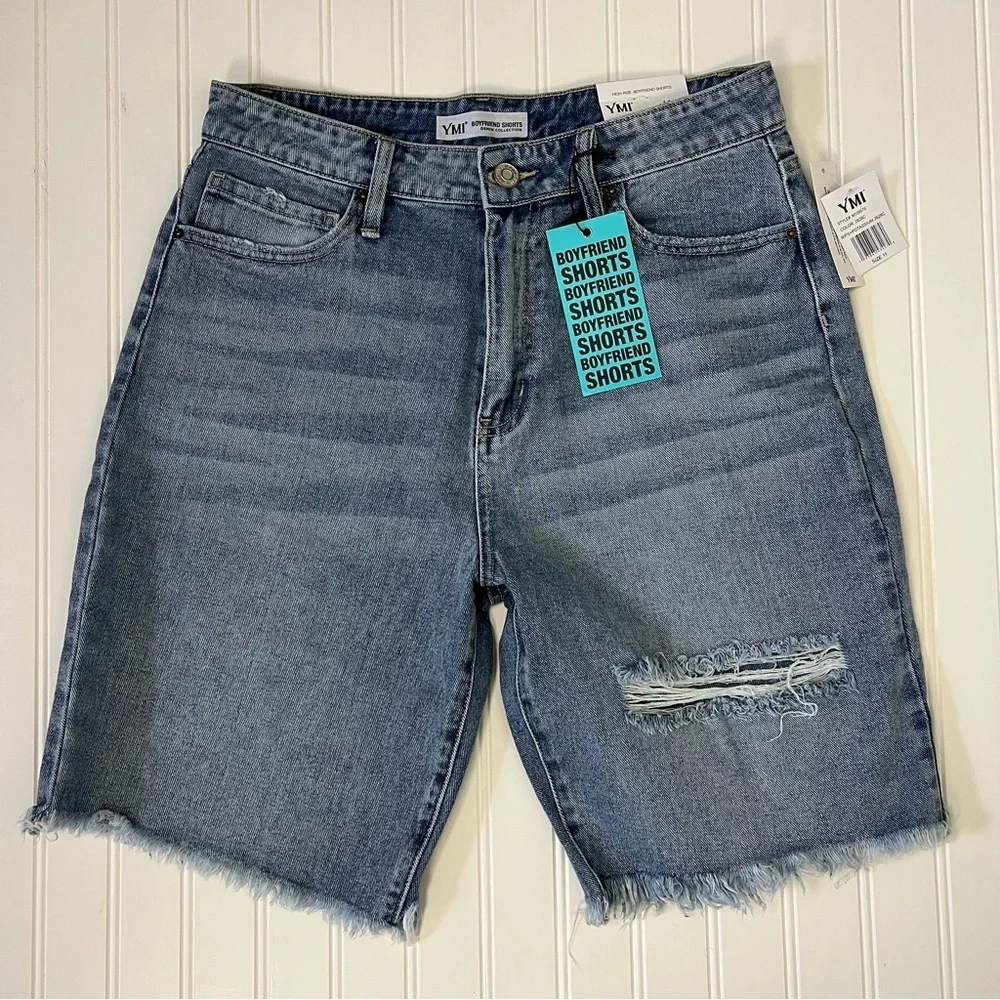 YMI Junior High Rise Frayed Distressed Raw Hem Boyfriend Denim Shorts size 11